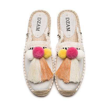 Fringed Straw Slippers Casual Lazy Fur Ball Linen Flat