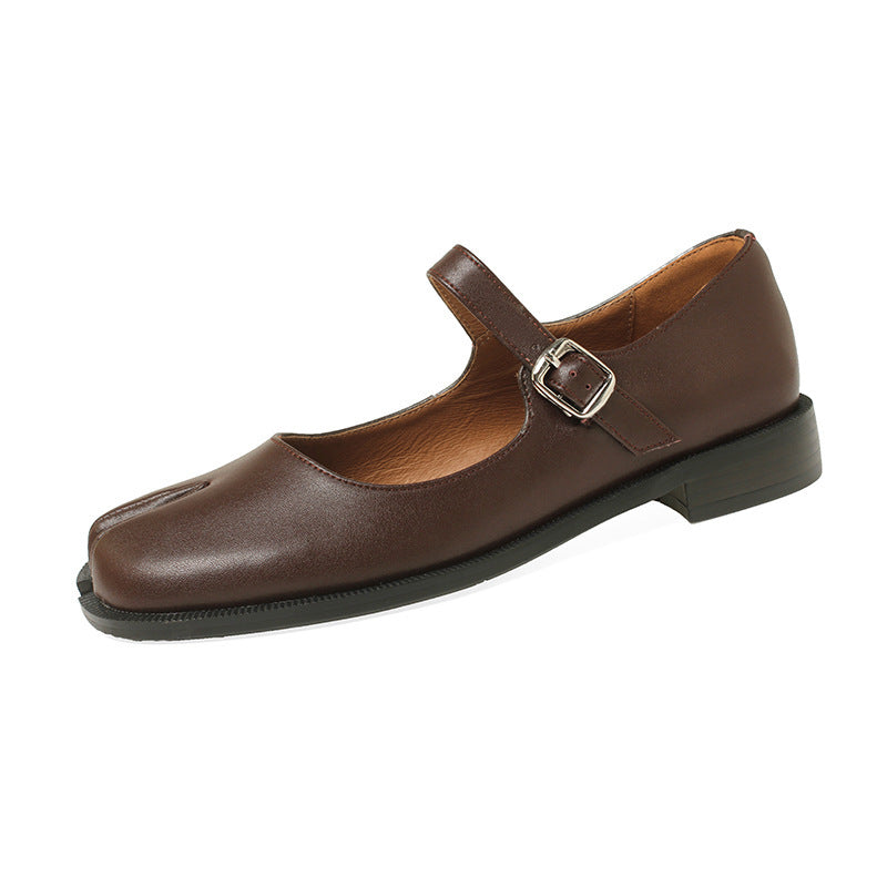 Sapatos femininos Mary Jane Soft Leather Trotter boca rasa fundo plano e bico dividido