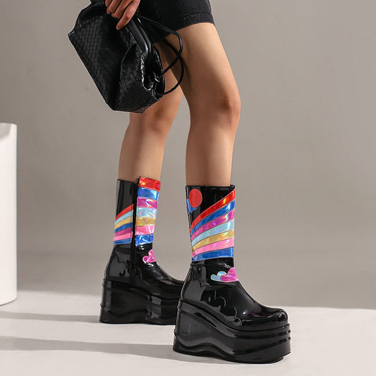 Botas femininas plataforma na altura do joelho punk com zíper lateral