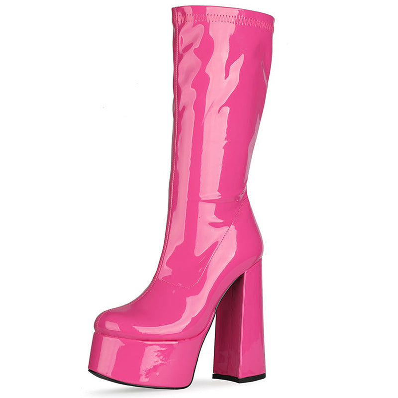 Fashion Patent Leather Super High Heel Single Boots With Thick Toe