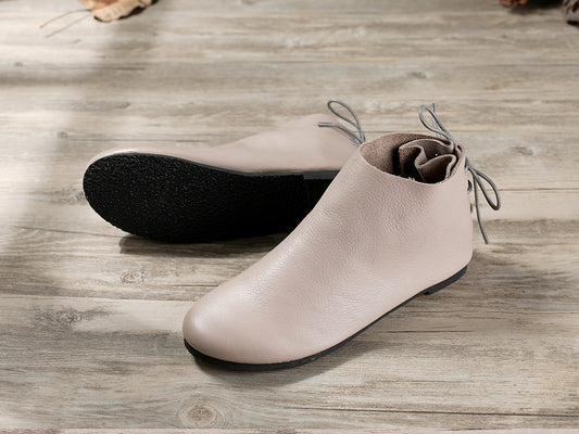 Botas cortas de cuero hechas a mano, botas de mujer de cuero suave con temperamento nude, botas retro de mujer de terciopelo y suela plana