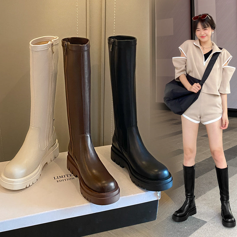 Botas altas de caballero con suela gruesa y estilo británico de cuero genuino para mujer, otoño e invierno