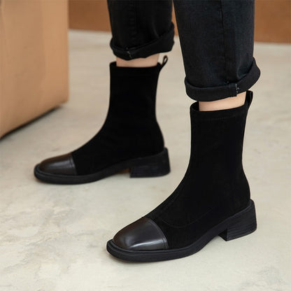 Botas de moda cuadradas de cuero nobuck con punta redonda y tubo medio