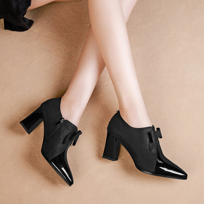 Thick-heel Pointed Deep-mouth Single Shoes Color Matching Large Bow High-heeled Shoes