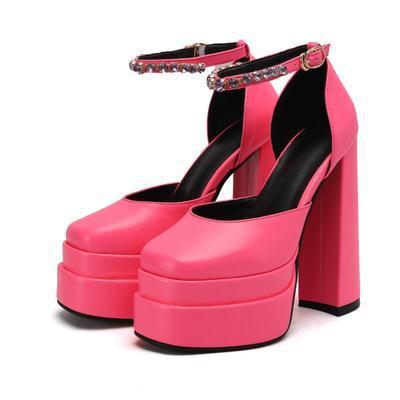 High-heeled Double-layer Water Platform Satin Square Toe Hollow Ladies Toe Sandals Sheepskin Rhinestones