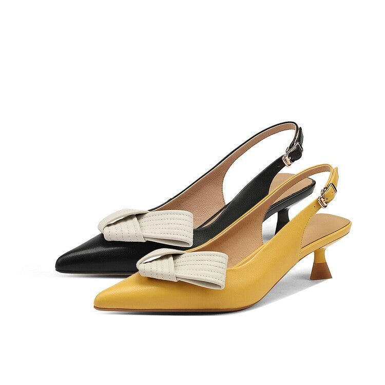 Sandálias femininas Baotou Slingback bico fino laço couro inteiro