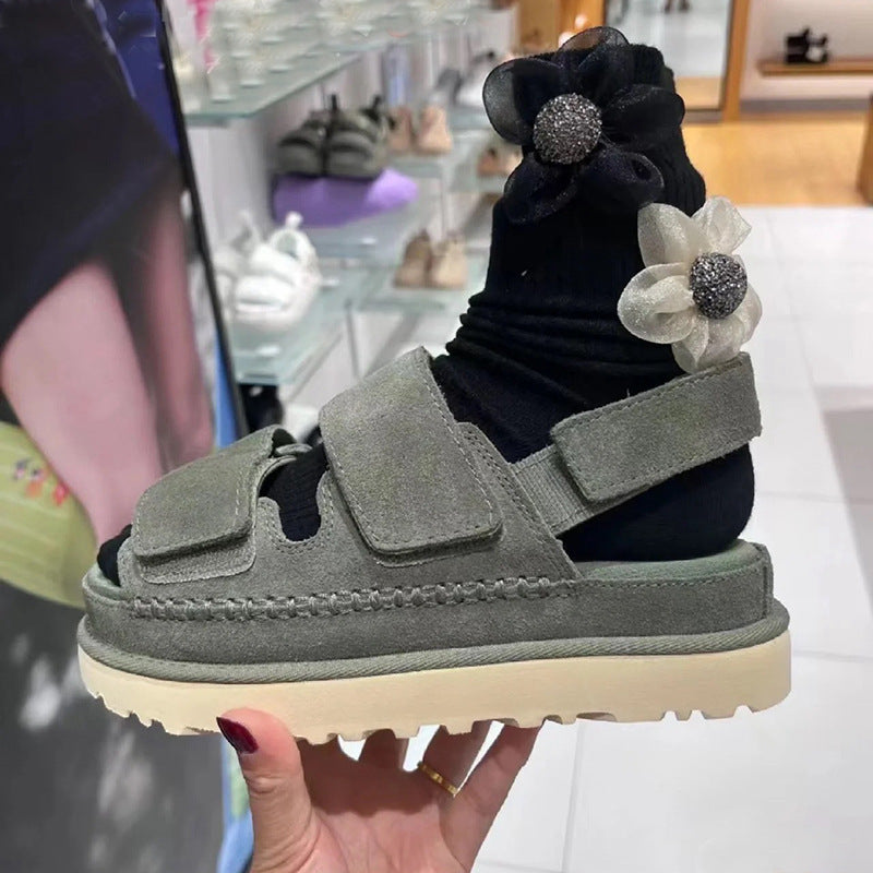 Sandalias de velcro con tiras gruesas en la parte inferior de cuero genuino para mujer, de primavera y verano, con punta abierta y aumento de altura