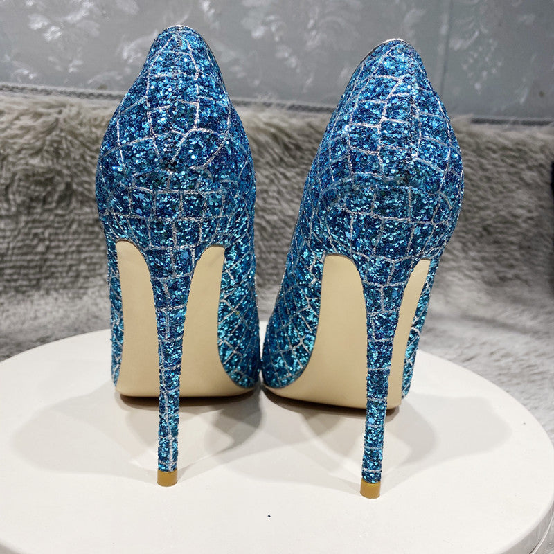 Zapatos de boda de tacón alto con lentejuelas azules para uso diario