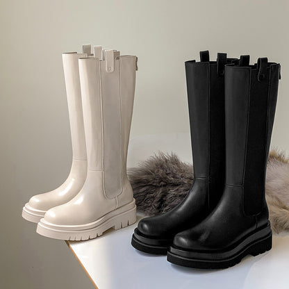 Botas de chimenea, botas altas de suela gruesa, botas blancas de cuero completo con tacón grueso y elásticas, botas de chimenea para mujer