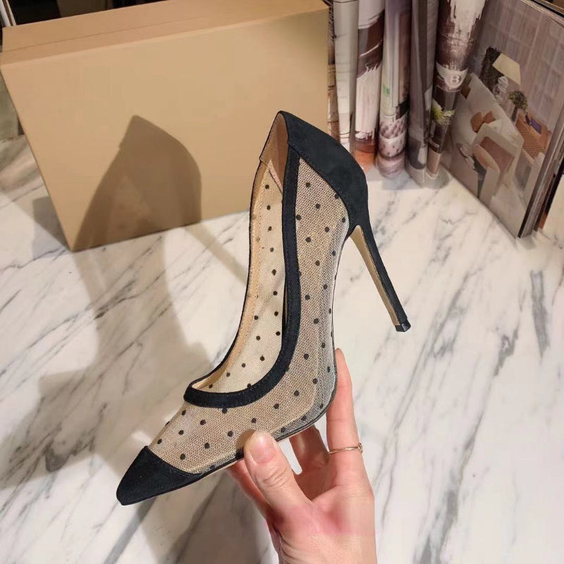 Tacones de aguja de malla sexy con costuras para mujer con punta puntiaguda