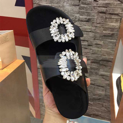 Sandalias planas de cuero con hebilla cuadrada y diamantes de imitación para mujer