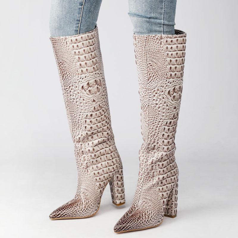 Botas de tacón grueso de talla grande con mangas puntiagudas sexys de cuero con flores, botas altas para exteriores