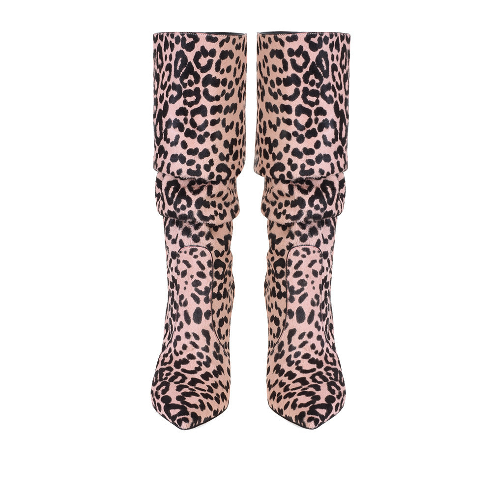 Botas de tacón alto de aguja con estampado de leopardo sexy para mujer en invierno