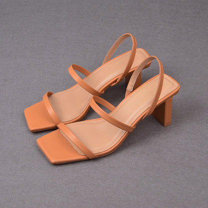 Simple And Fashionable One Word Leather French Square Toe High Heel Sandals