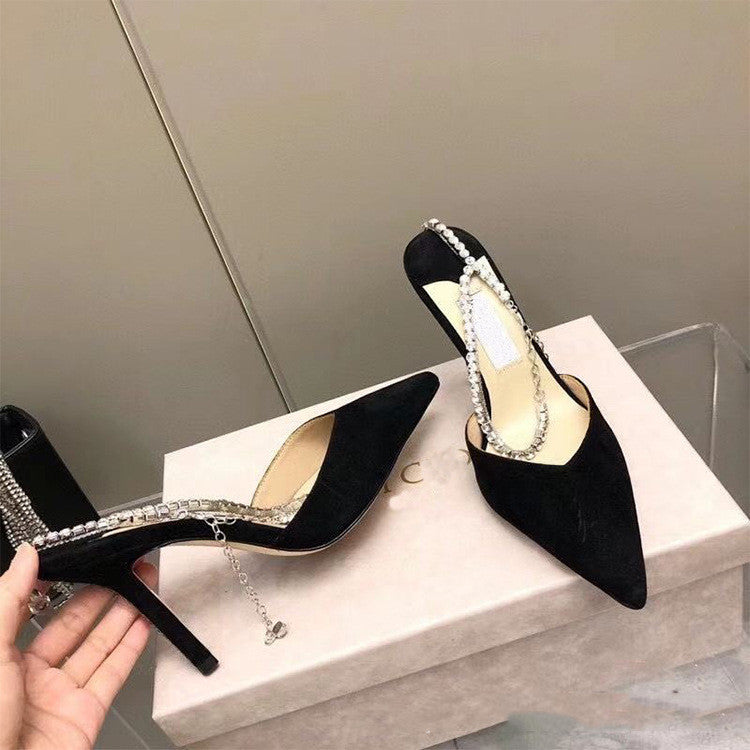 Sandalias sexis negras con diamantes de imitación para mujer