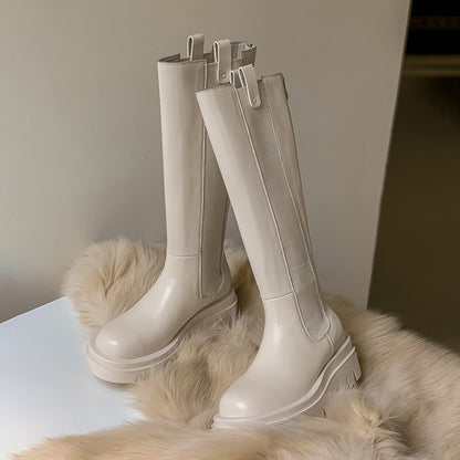 Botas de chimenea, botas altas de suela gruesa, botas blancas de cuero completo con tacón grueso y elásticas, botas de chimenea para mujer