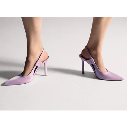 Sapatos femininos de cetim roxo único bico fino salto agulha