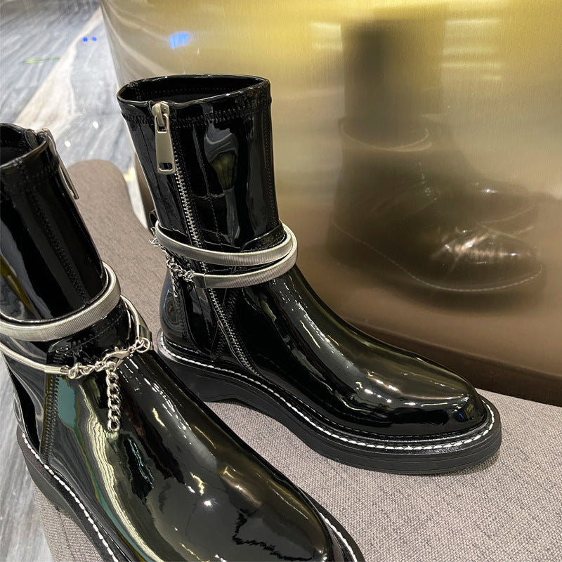 Botas Martin de couro envernizado preto bico fino estilo britânico feminino