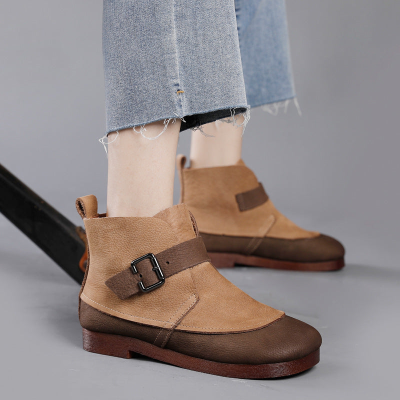 Botas de mujer de piel auténtica estilo étnico con correa de hebilla y punta redonda planas nuevas botas de mujer hechas a mano para otoño e invierno