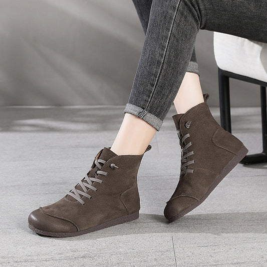 New Retro Leather High-top Women's Boots With Round Head Stitching