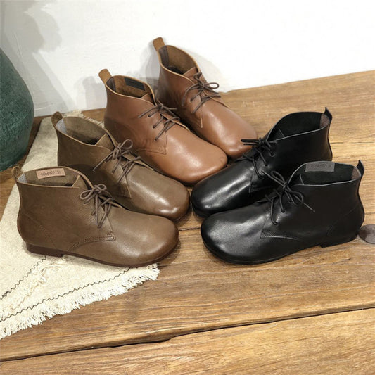 Botas cortas de cuero hechas a mano artísticas, estilo retro Sen con encaje y cabeza redonda para mujer