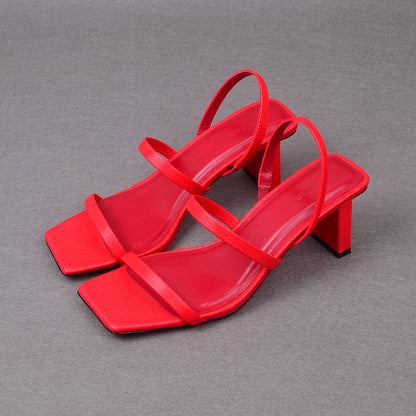 Simple And Fashionable One Word Leather French Square Toe High Heel Sandals