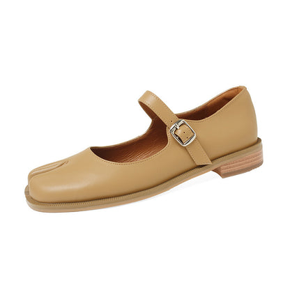 Sapatos femininos Mary Jane Soft Leather Trotter boca rasa fundo plano e bico dividido