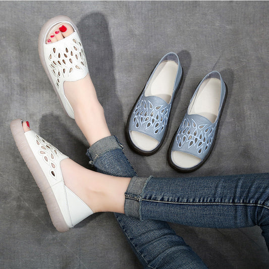 Spring And Summer Popular Women's Sandals Soft Bottom Maternity Shoes Embroidered Mom Shoes Genuine Leather Handmade Shoes Hollow Roman Shoes