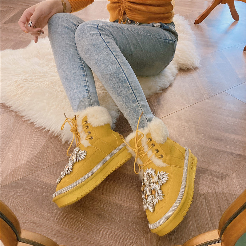 Botas de mujer de algodón con tachuelas de diamantes y lana gruesa de tubo corto