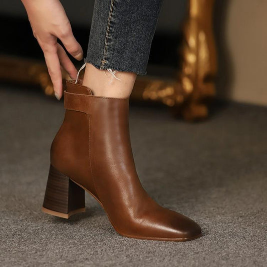 Botas cortas de tacón medio y tacón grueso de otoño para mujer