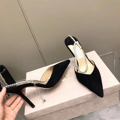 Sandalias sexis negras con diamantes de imitación para mujer