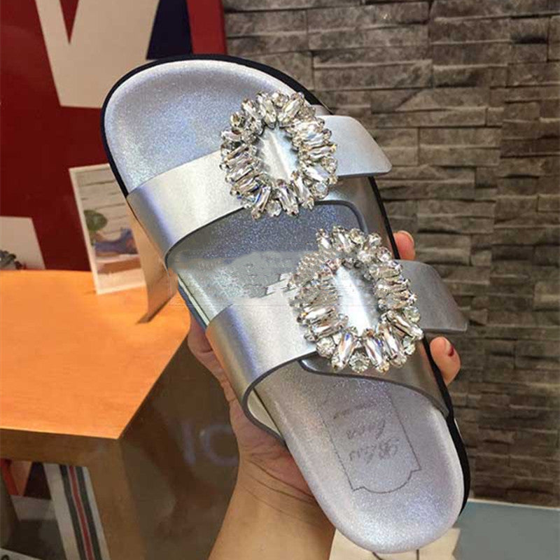 Sandalias planas de cuero con hebilla cuadrada y diamantes de imitación para mujer