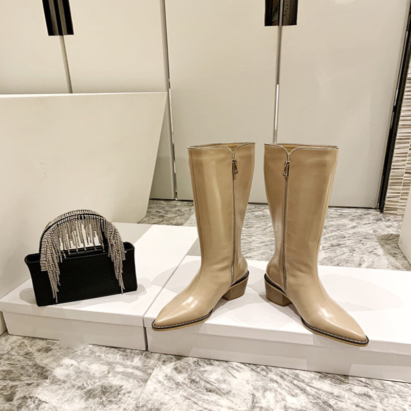 Botas vaqueras de piel auténtica para mujer con bolsillos laterales y cremallera