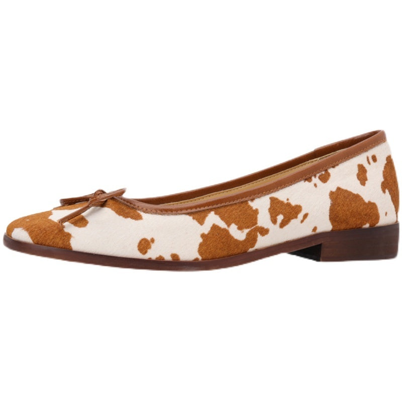 Zapatos planos retro para mujer con estampado de leopardo y crin de caballo