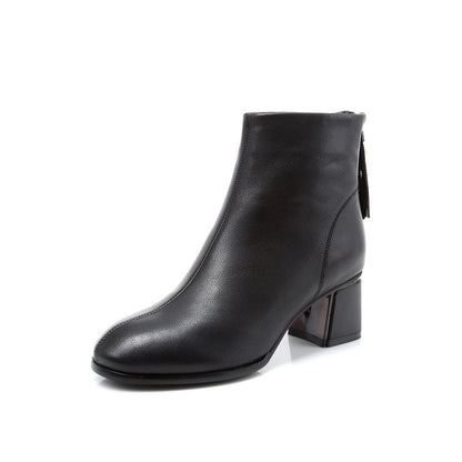 Round Toe Leather Thick Heel Plus Size Women's Short Boots