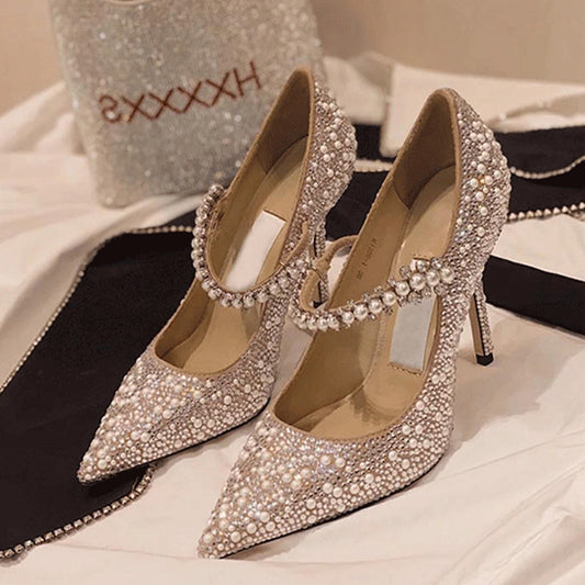 Tacones altos con punta de cristal y tacón de aguja estilo banquete de hadas