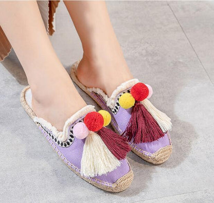 Fringed Straw Slippers Casual Lazy Fur Ball Linen Flat