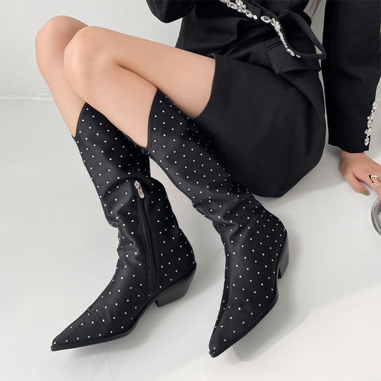 Botas altas com zíper lateral e salto médio com bico fino e rebite, moda feminina