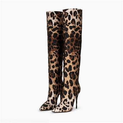 Botas femininas de salto agulha com estampa de leopardo e salto agulha