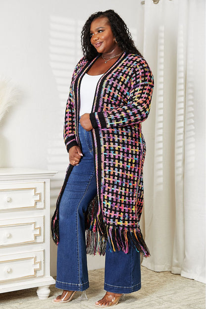 Cardigan multicolorido com franjas na frente aberta e bainha