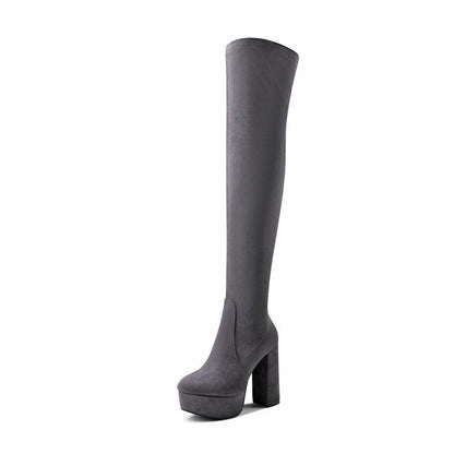 Botas femininas plus size acima do joelho, salto alto grosso