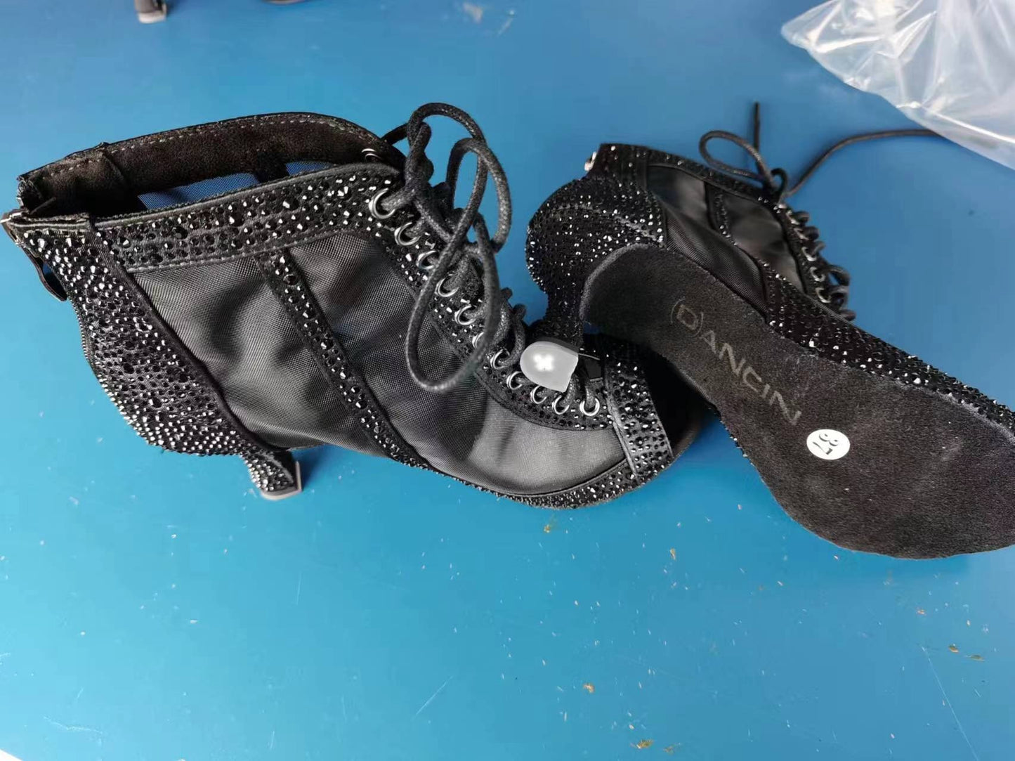 Zapatos de baile latino con diamantes de imitación para mujer adulta, tacón medio alto