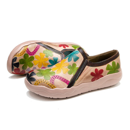 Zapatos de mujer con suela ligera, retro, hechos a mano y tacón plano con estampado vintage