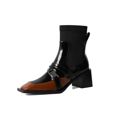 Square Toe Colorblock Belt Buckle Chunky Heel Women's Short Boots