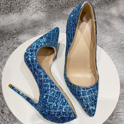 Zapatos de boda de tacón alto con lentejuelas azules para uso diario