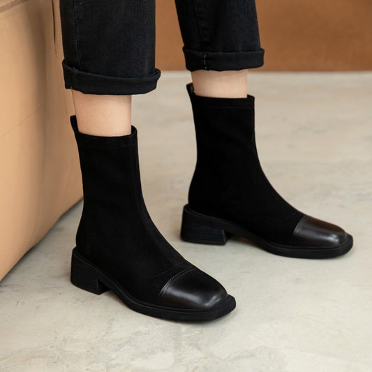 Botas de moda cuadradas de cuero nobuck con punta redonda y tubo medio