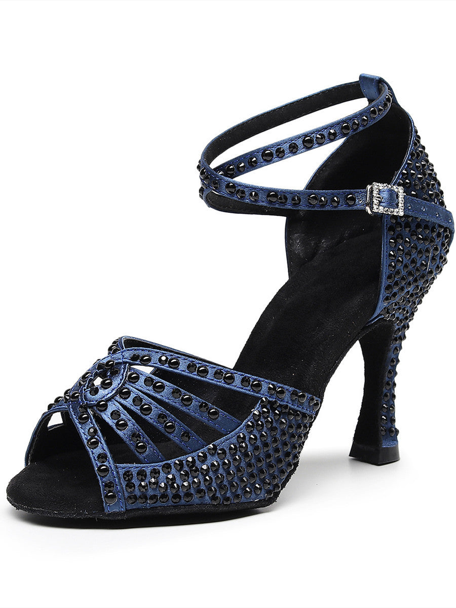 Zapatos de baile latino para mujer con diamantes de imitación en color azul oscuro