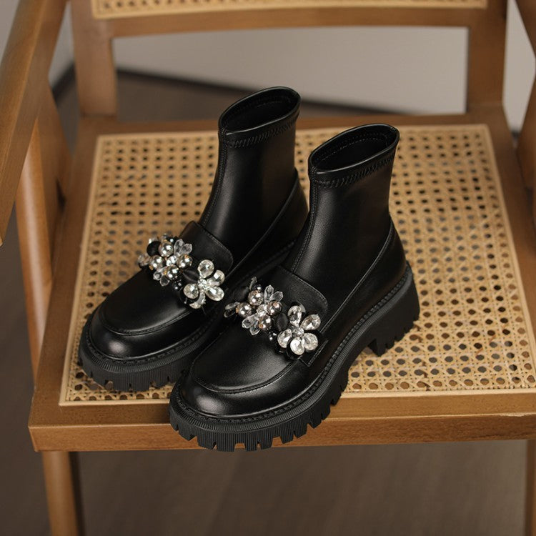 Botas elásticas com strass e flor de bico redondo, botas femininas