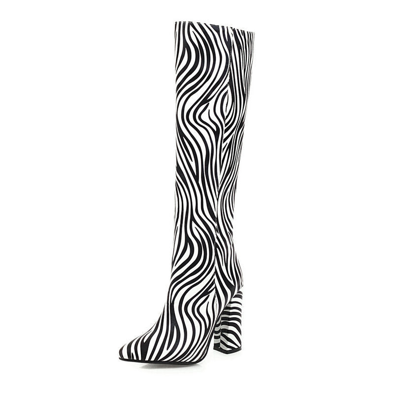 Fashion Animal Print Long Barrel Knight Boots Female  Knee-high Thick High-heeled Boots