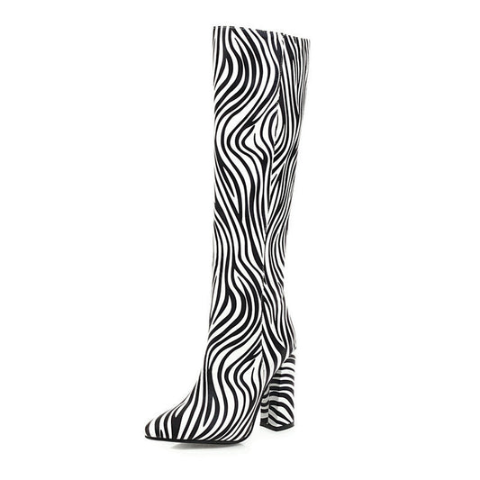 Moda Animal Print Long Barrel Knight Botas Feminino Joelho-alto Grosso Botas de Salto Alto